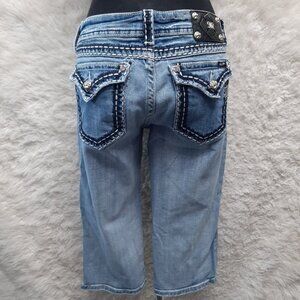 Miss Me Women's Blue Low Rise Thick Stitch Flap Pockets Cropped Denim Jeans